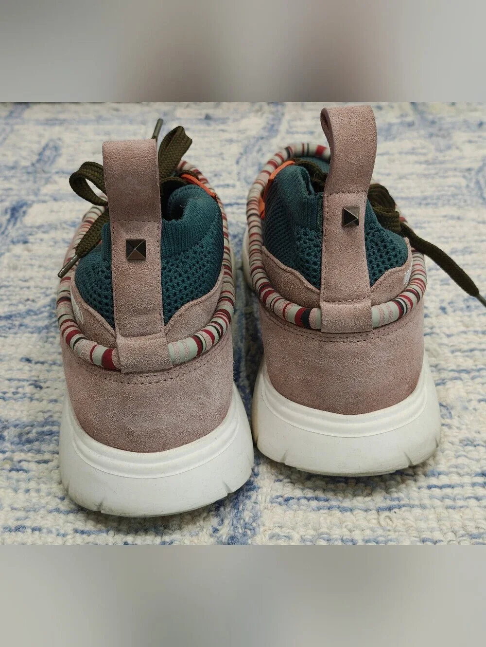 RARE Valentino Garavani Teal Knit Sneakers with Orange Panel and Pink Suede Trim